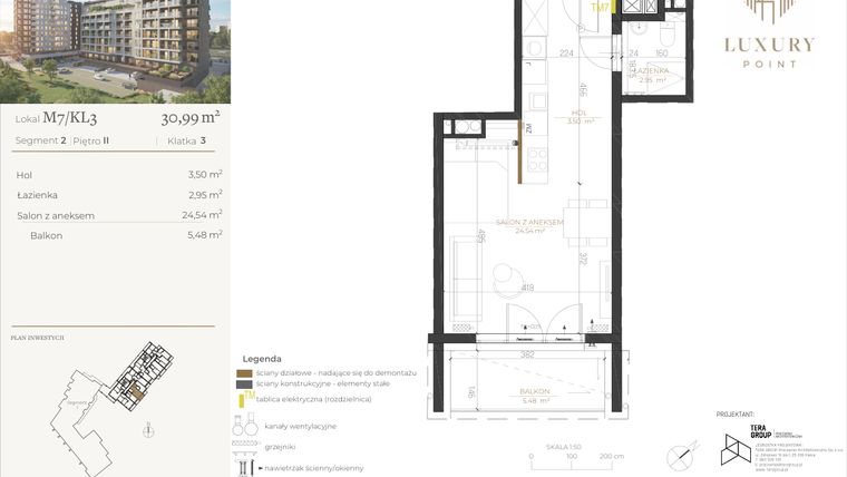Rzut - Mieszkanie na sprzedaż 1 pokój o powierzchni 30,99 m² - numer M7/KL3 w LUXURY POINT