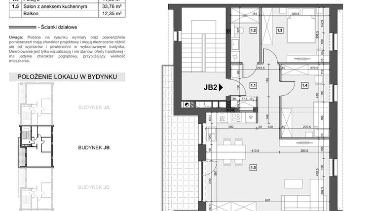 Rzut - Mieszkanie na sprzedaż 4 pokoje o powierzchni 69,15 m² - numer JB2 w Wzgórze Zelwerowicza