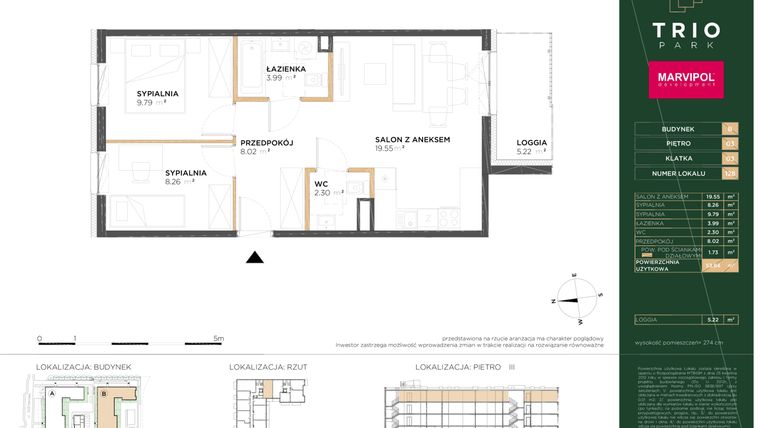 Rzut - Mieszkanie na sprzedaż 3 pokoje o powierzchni 53,64 m² - numer B128 w Trio Park