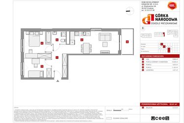Rzut - Mieszkanie na sprzedaż 3 pokoje o powierzchni 52,61 m² - numer GN_4_1_H_13 w Osiedle Górka Narodowa