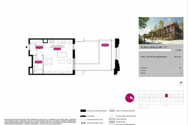 Rzut - Mieszkanie na sprzedaż 1 pokój o powierzchni 38,52 m² - numer G1.117 w Fuzja Mieszkania Loftowe