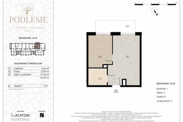 Rzut - Mieszkanie na sprzedaż 2 pokoje o powierzchni 36,66 m² - numer 1B.23 w Podlesie