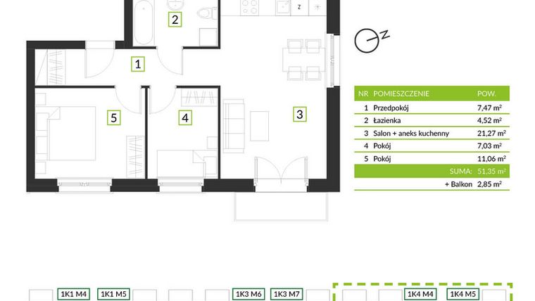 Rzut - Mieszkanie na sprzedaż 3 pokoje o powierzchni 51,35 m² - numer 1K4 M6 w Osiedle Krzeptów przy lesie