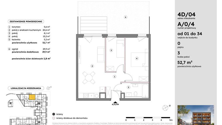 Rzut - Mieszkanie na sprzedaż 3 pokoje o powierzchni 52,71 m² - numer A/0/4 w Osiedle Mateckiego 4ALL