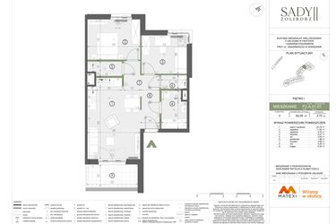 Rzut - Mieszkanie na sprzedaż 3 pokoje o powierzchni 62,09 m² - numer F2.A.01.01 w Sady Żoliborz II