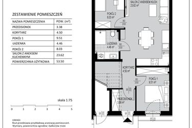 Rzut - Mieszkanie na sprzedaż 3 pokoje o powierzchni 53,5 m² - numer D11 w Kowalove etap 2