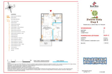 Rzut - Mieszkanie na sprzedaż 2 pokoje o powierzchni 34,4 m² - numer 29 w Zielone Sady etap III B2