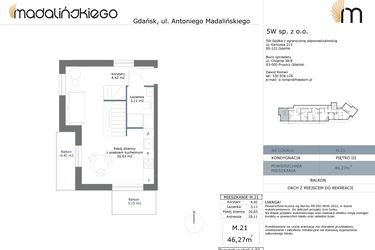 Rzut - Mieszkanie na sprzedaż 2 pokoje o powierzchni 46,27 m² - numer M21 w Madalińskiego