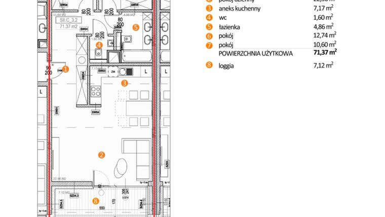 Rzut - Mieszkanie na sprzedaż 3 pokoje o powierzchni 71,37 m² - numer SII.C_3.2 w Apartamenty nad Sołą