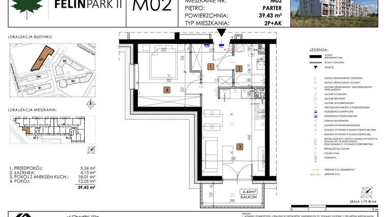 Rzut - Mieszkanie na sprzedaż 2 pokoje o powierzchni 39,43 m² - numer M02 w Felin Park II etap 2