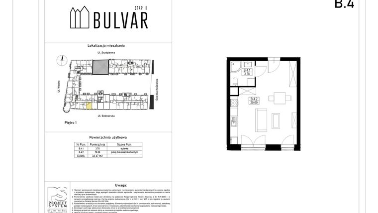 Rzut - Mieszkanie na sprzedaż 1 pokój o powierzchni 33,47 m² - numer B4 w Bulvar etap II