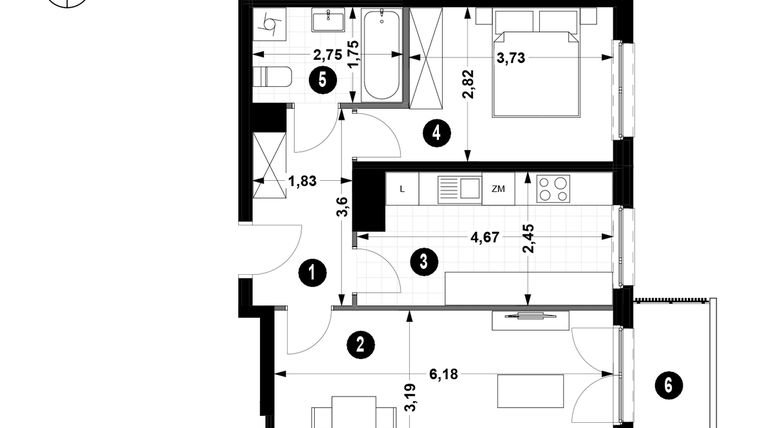 Rzut - Mieszkanie na sprzedaż 2 pokoje o powierzchni 52,61 m² - numer 1A.5/51 w Nowa Winnica
