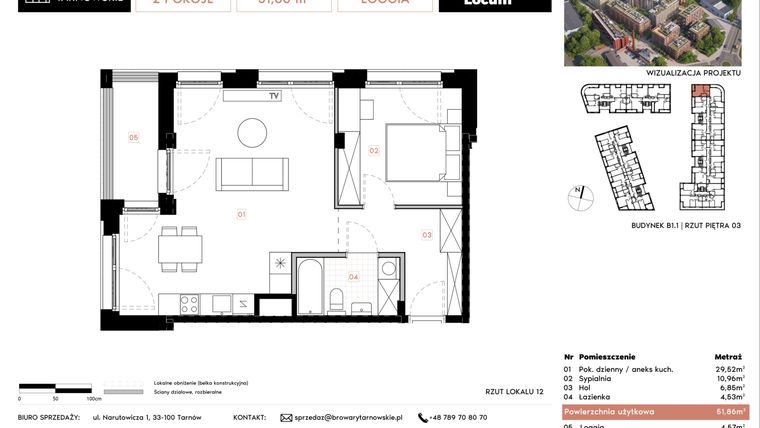 Rzut - Mieszkanie na sprzedaż 2 pokoje o powierzchni 51,86 m² - numer B1.1.12 w Browary Tarnowskie etap 1