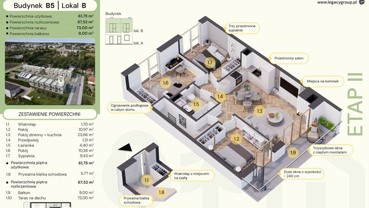 Rzut - Mieszkanie na sprzedaż 4 pokoje o powierzchni 67,52 m² - numer B5-B w Tu i Teraz etap II