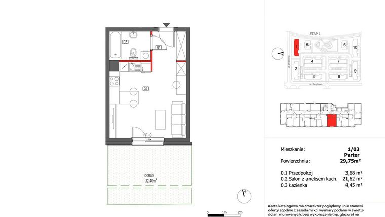 Rzut - Mieszkanie na sprzedaż 1 pokój o powierzchni 29,75 m² - numer 1/3 w Słoneczny Zakątek
