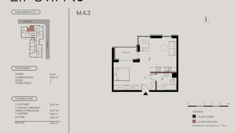 Rzut - Mieszkanie na sprzedaż 1 pokój o powierzchni 41,18 m² - numer M.4.3 w Lipowa 43