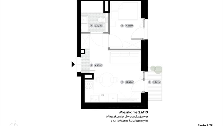 Rzut - Mieszkanie na sprzedaż 2 pokoje o powierzchni 28,27 m² - numer 2.M13 w Stalowa 76