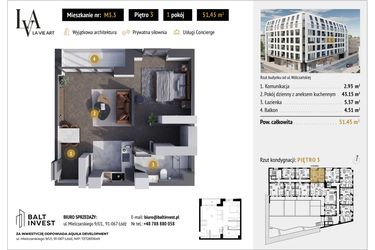 Rzut - Mieszkanie na sprzedaż 1 pokój o powierzchni 51,45 m² - numer M3.3 w La Vie Art