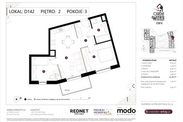 Rzut - Mieszkanie na sprzedaż 3 pokoje o powierzchni 52,54 m² - numer D142 w Osiedle Witaj etap II