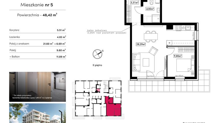 Rzut - Mieszkanie na sprzedaż 2 pokoje o powierzchni 48,42 m² - numer B17.M5 w Novum Rumia - bud. 17