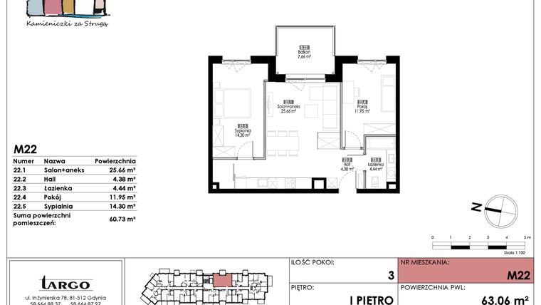 Rzut - Mieszkanie na sprzedaż 3 pokoje o powierzchni 60,73 m² - numer M22 w Kamieniczki za Strugą