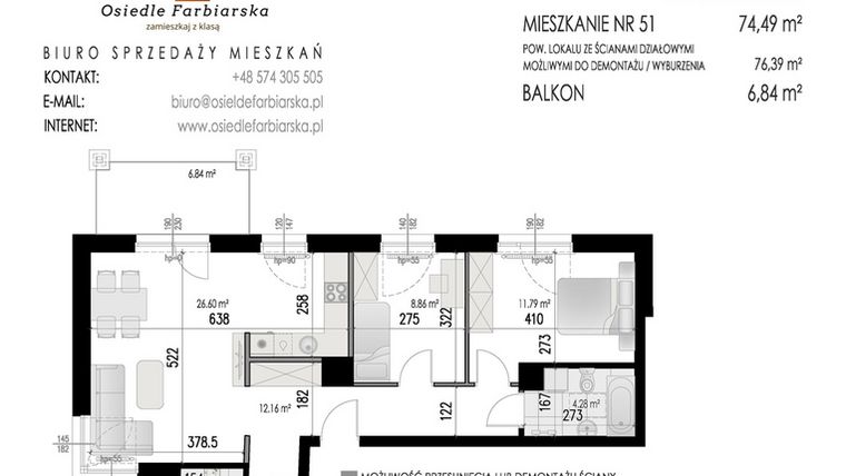 Rzut - Mieszkanie na sprzedaż 4 pokoje o powierzchni 74,49 m² - numer 51B w Osiedle Farbiarska II