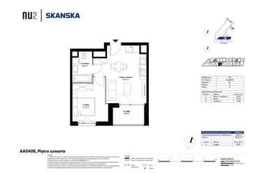 Rzut - Mieszkanie na sprzedaż 2 pokoje o powierzchni 34,69 m² - numer AA0406 w NU2 Warszawa Wola - apartamenty wykończone pod klucz