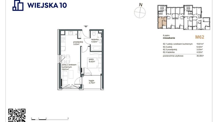 Rzut - Mieszkanie na sprzedaż 2 pokoje o powierzchni 36,08 m² - numer 62 w Wiejska 10
