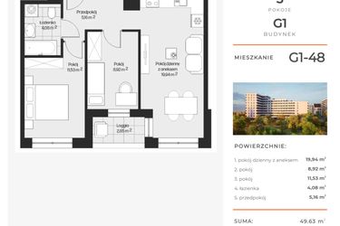 Rzut - Mieszkanie na sprzedaż 3 pokoje o powierzchni 49,63 m² - numer G1-48 w Piasta Park VI