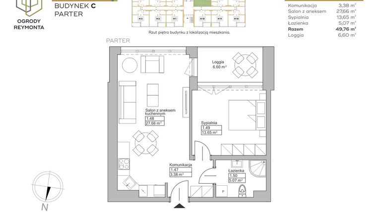 Rzut - Mieszkanie na sprzedaż 2 pokoje o powierzchni 49,76 m² - numer M7 w Ogrody Reymonta
