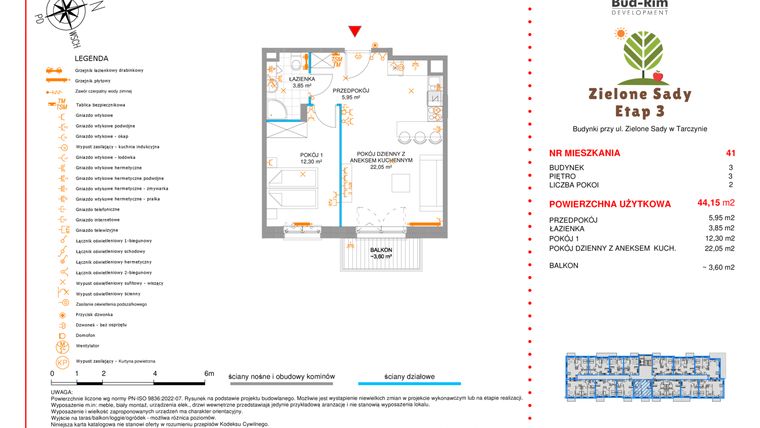 Rzut - Mieszkanie na sprzedaż 2 pokoje o powierzchni 44,15 m² - numer 41 w Zielone Sady etap III