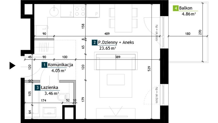 Rzut - Mieszkanie na sprzedaż 1 pokój o powierzchni 31,16 m² - numer AE0303 w Viva Cité 2