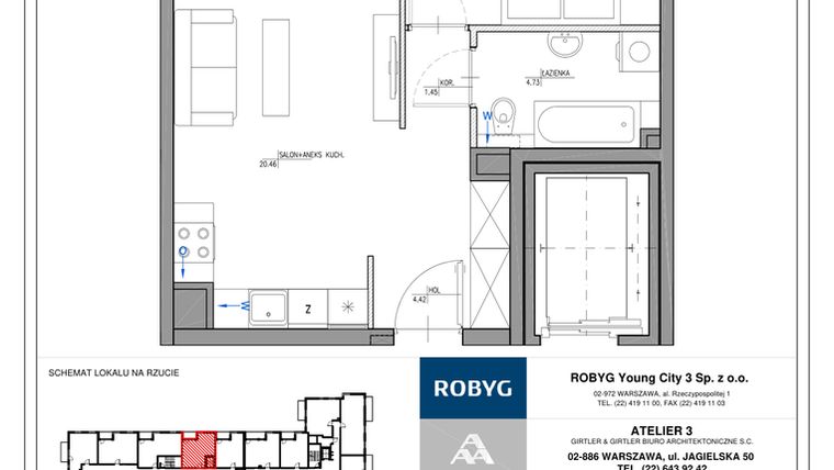 Rzut - Mieszkanie na sprzedaż 2 pokoje o powierzchni 43,14 m² - numer MC/J/A/3/11 w Modern City etap J