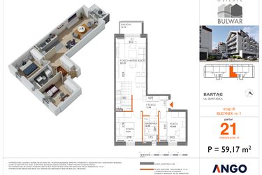 Rzut - Mieszkanie na sprzedaż 3 pokoje o powierzchni 59,17 m² - numer B3.21 w Bulwar bud. 3