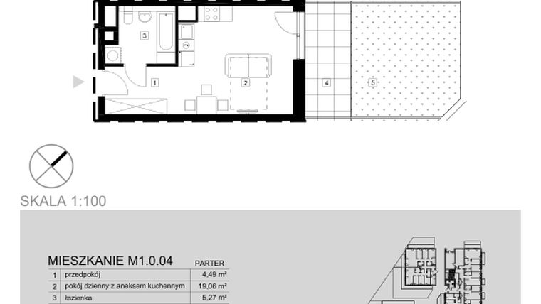 Rzut - Mieszkanie na sprzedaż 1 pokój o powierzchni 28,82 m² - numer M1.0.04 w Modern Helenów