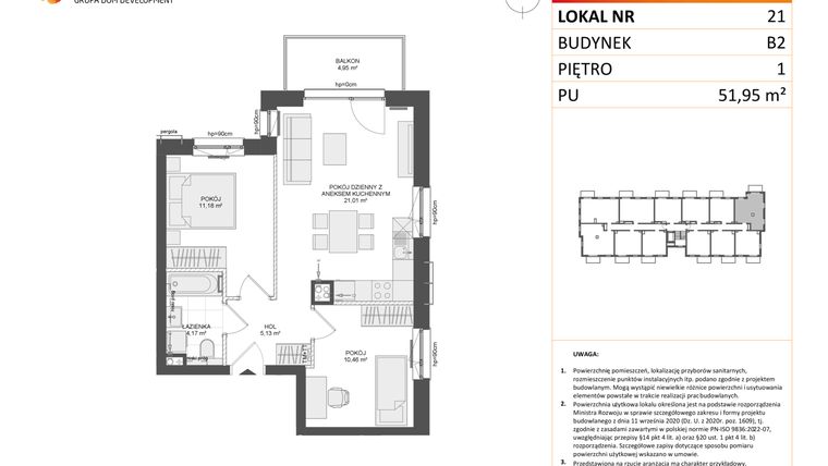 Rzut - Mieszkanie na sprzedaż 3 pokoje o powierzchni 51,95 m² - numer B2.21 w Osiedle Przy Błoniach 3 etap III