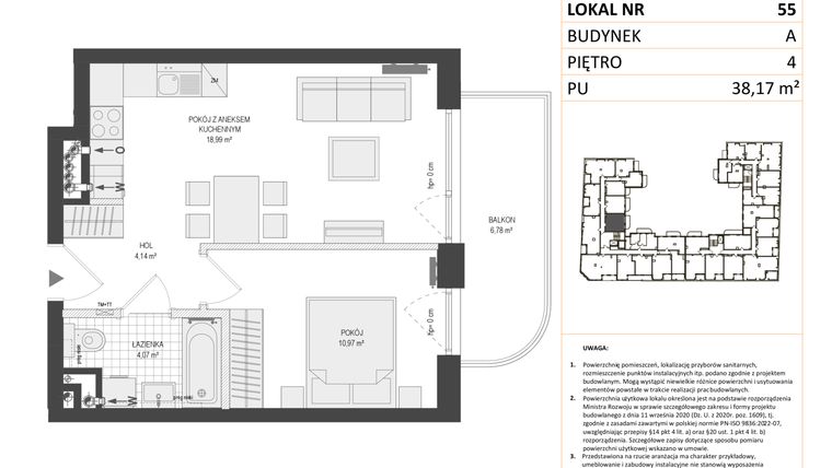Rzut - Mieszkanie na sprzedaż 2 pokoje o powierzchni 38,17 m² - numer A.55 w Esencja