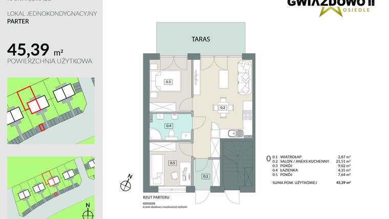 Rzut - Mieszkanie na sprzedaż 3 pokoje o powierzchni 45,39 m² - numer D5.1 w Gwiazdowo II