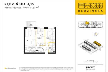 Rzut - Mieszkanie na sprzedaż 3 pokoje o powierzchni 51,57 m² - numer RD4A/A/15 w Rędzińska 4