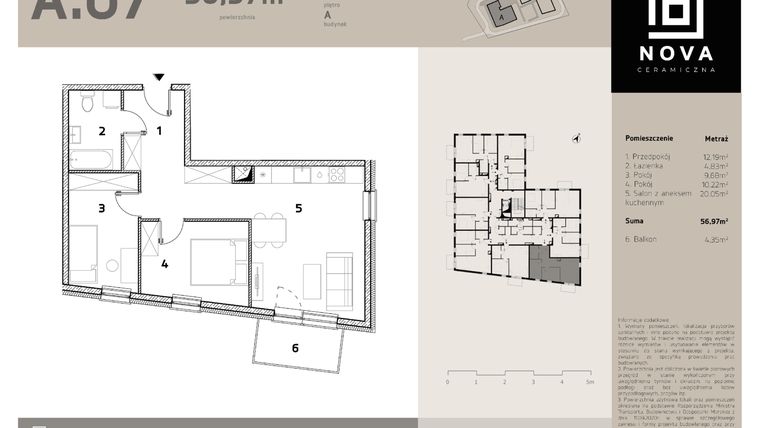 Rzut - Mieszkanie na sprzedaż 3 pokoje o powierzchni 56,97 m² - numer A7 w Nova Ceramiczna
