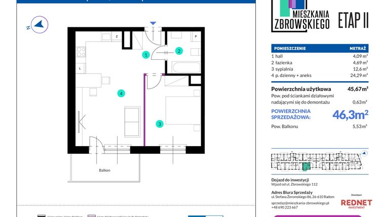 Rzut - Mieszkanie na sprzedaż 2 pokoje o powierzchni 46,3 m² - numer 84 w Mieszkania Zbrowskiego - etap II