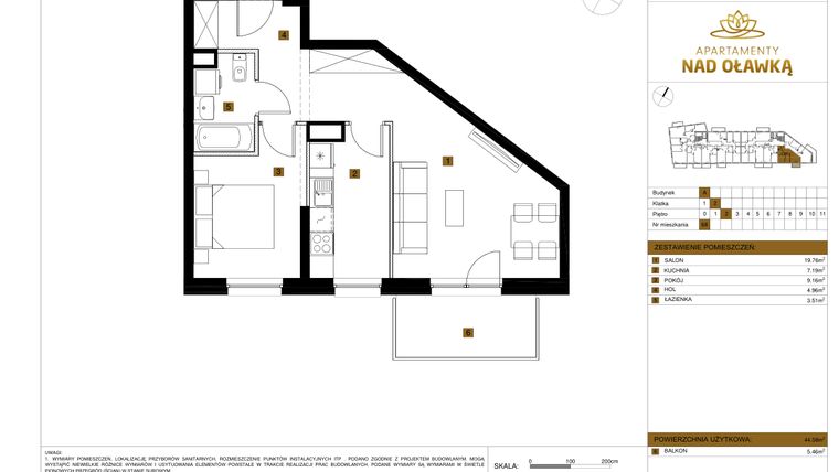 Rzut - Mieszkanie na sprzedaż 2 pokoje o powierzchni 44,58 m² - numer 68 w Apartamenty nad Oławką