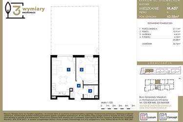 Rzut - Mieszkanie na sprzedaż 2 pokoje o powierzchni 43,58 m² - numer M.A07 w 3 Wymiary Bronowice