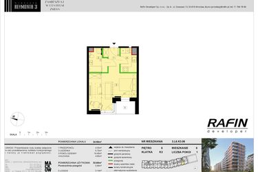 Rzut - Mieszkanie na sprzedaż 1 pokój o powierzchni 33,6 m² - numer L6.K3.06 w Wybrzeże Reymonta 3