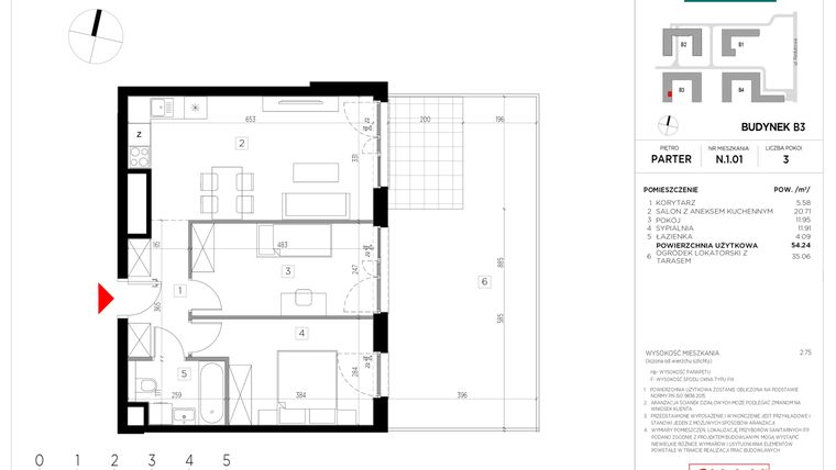 Rzut - Mieszkanie na sprzedaż 3 pokoje o powierzchni 54,24 m² - numer N.1.01 w CityFlow etap II