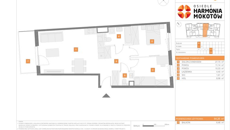 Rzut - Mieszkanie na sprzedaż 3 pokoje o powierzchni 64,26 m² - numer B.13 w Osiedle Harmonia Mokotów