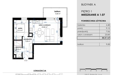 Rzut - Mieszkanie na sprzedaż 2 pokoje o powierzchni 44,51 m² - numer A 1.07 w Osiedle Kwiatowe