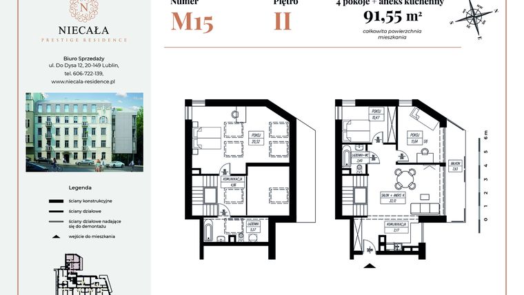 Rzut - Mieszkanie na sprzedaż 4 pokoje o powierzchni 91,55 m² - numer 15 w Niecała Prestige Residence