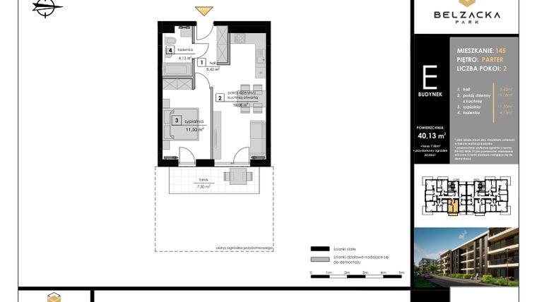 Rzut - Mieszkanie na sprzedaż 2 pokoje o powierzchni 40,13 m² - numer E.145 w Belzacka Park etap III