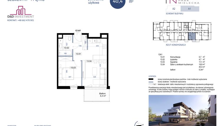 Rzut - Mieszkanie na sprzedaż 2 pokoje o powierzchni 40,4 m² - numer A1-13 w Park Mielecka